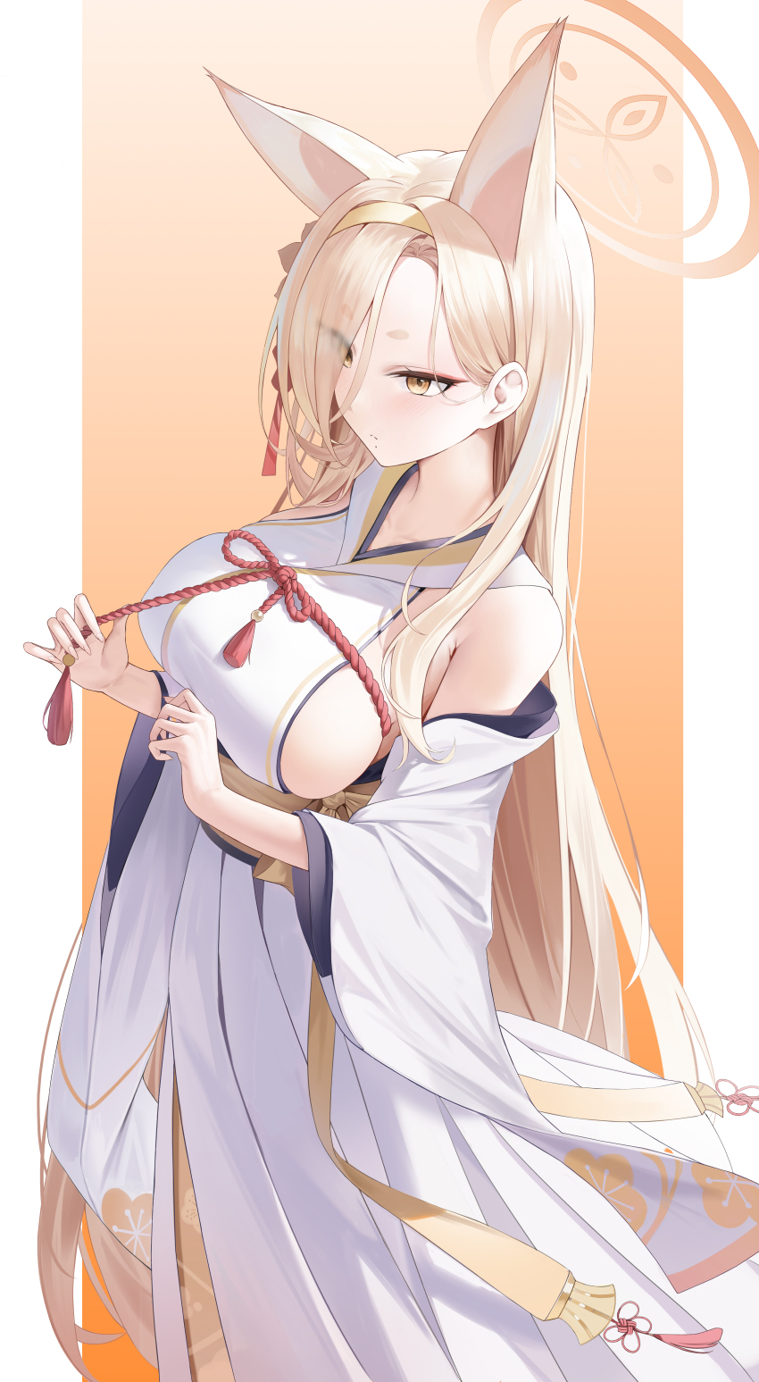1girl absurdres animal_ears bare_shoulders blue_archive blush border breasts closed_mouth detached_sleeves extra_ears fox_ears fox_girl hair_ornament hairband halo hei_wuchang highres kaho_(blue_archive) large_breasts long_hair outside_border pillarboxed rope sash shimenawa sideboob sideless_kimono solo very_long_hair white_border white_sleeves wide_sleeves yellow_background yellow_eyes yellow_hairband yellow_halo yellow_sash