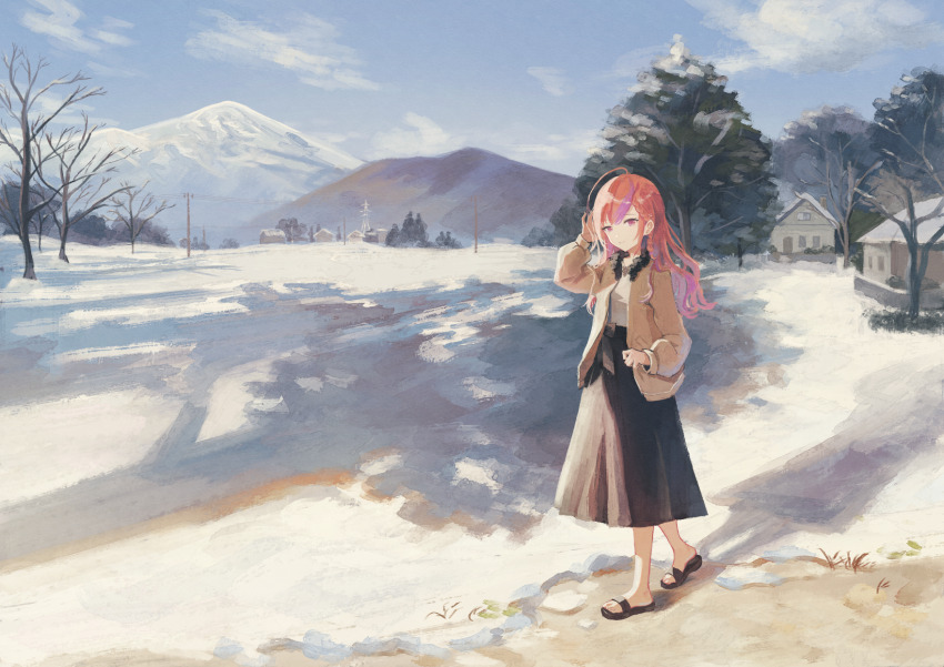 1girl ahoge bare_tree black_bow black_skirt blue_sky bow bow_skirt braided_sidelock brown_cardigan cardigan clenched_hand closed_mouth cloud commentary_request commission day double-parted_bangs hair_behind_ear hand_in_own_hair hand_up harucoro25 highres house huge_ahoge landscape long_hair long_skirt looking_at_viewer mountain multicolored_hair no_socks original outdoors pink_eyes pink_hair pixiv_commission power_lines red_hair rural sandals scenery shadow shirt shirt_tucked_in skirt sky smile snow solo streaked_hair sunlight transmission_tower tree utility_pole walking wavy_hair white_shirt wide_shot winter