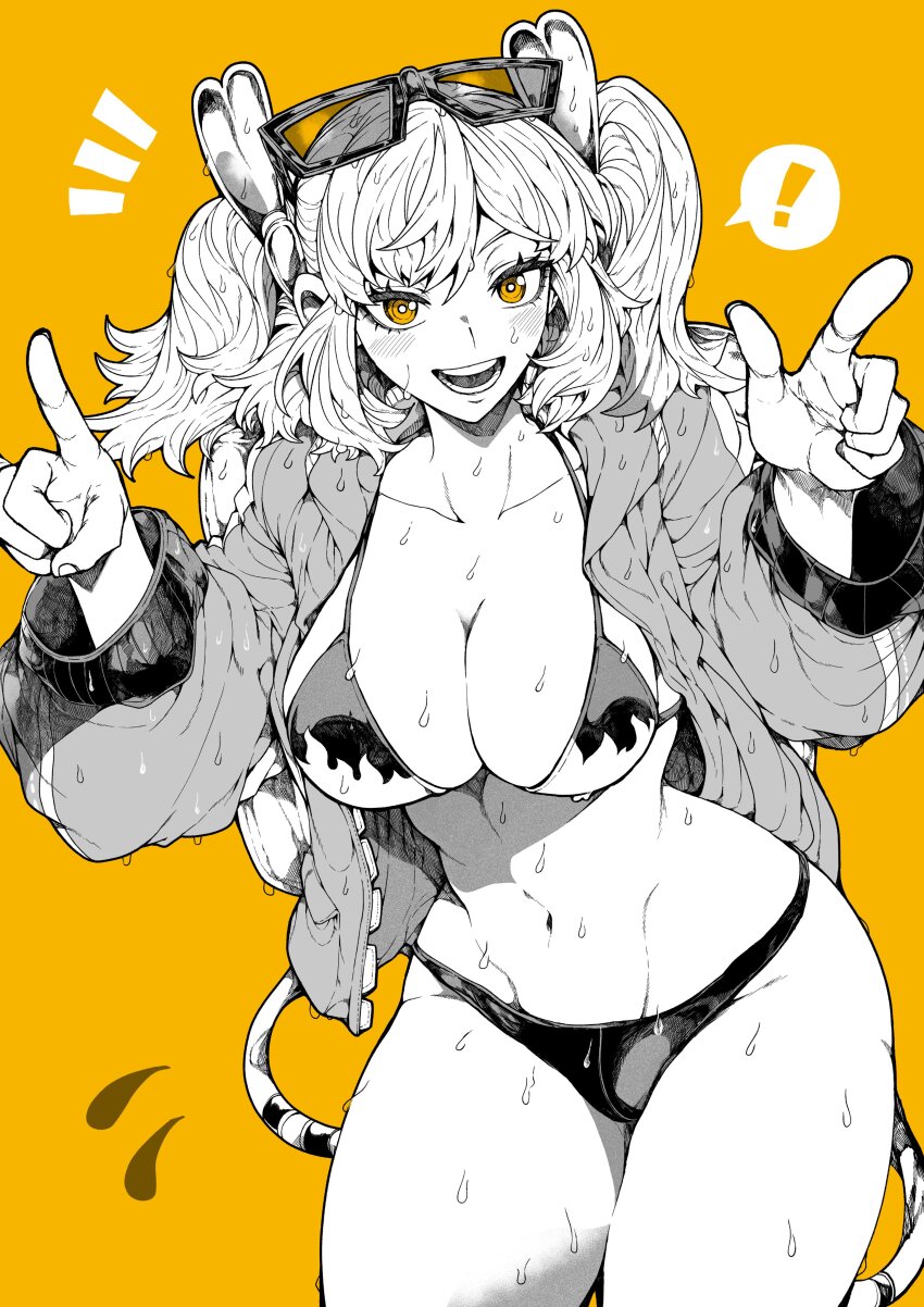 ! 1girl \n/ absurdres alternate_costume backpack bag bikini bikini_under_clothes blush breasts burnice_white cleavage commentary cowboy_shot eyewear_on_head finger_gun flame_print greyscale_with_colored_background hair_ornament highres jacket large_breasts looking_at_viewer medium_hair navel notice_lines open_clothes open_jacket open_mouth orange_background orange_eyes simple_background smile solo spoken_exclamation_mark spot_color standing swimsuit twintails wet yotsumi_shiro zenless_zone_zero