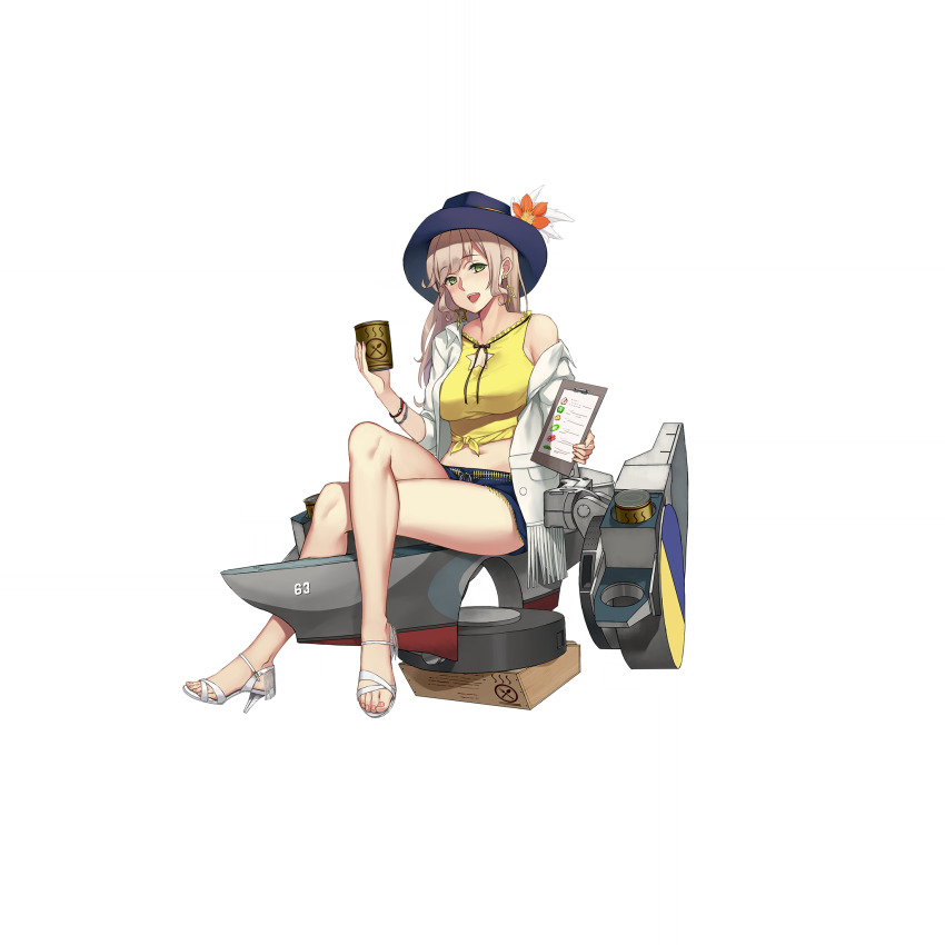 armlet belt blonde_hair blue_hat breasts clipboard crossed_legs cup flower green_eyes hat hat_flower highres holding holding_clipboard holding_cup jewelry large_breasts long_hair looking_at_viewer missouri_(warship_girls_r) official_alternate_costume official_art open_mouth rigging shirt shorts sitting sitting_on_object strappy_heels tank_top tied_shirt transparent_background warship_girls_r white_footwear yellow_tank_top zi_se