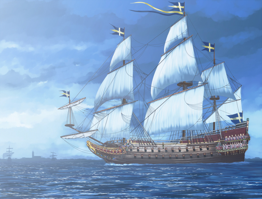 blue_sky building cannon cloud day figurehead_(boat) gentry_kichida highres mast military military_vehicle no_humans ocean original outdoors real_life sail sailing_ship ship ship_of_the_line sky sweden swedish_flag vasa_(ship) vehicle_focus warship watercraft waves