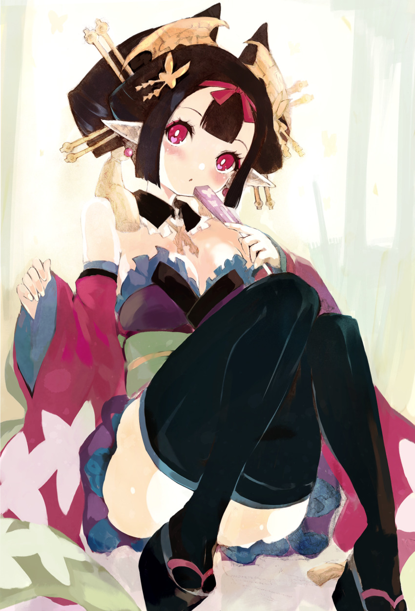 1girl black_hair blush breasts cleavage convenient_leg disgaea folding_fan hand_fan highres japanese_clothes kakuwashi kimono large_breasts looking_at_viewer maiko_(disgaea) makai_senki_disgaea_7 nihongami oiran okobo platform_clogs platform_sandals pointy_ears red_eyes sandals short_kimono sitting solo thighhighs wide_sleeves