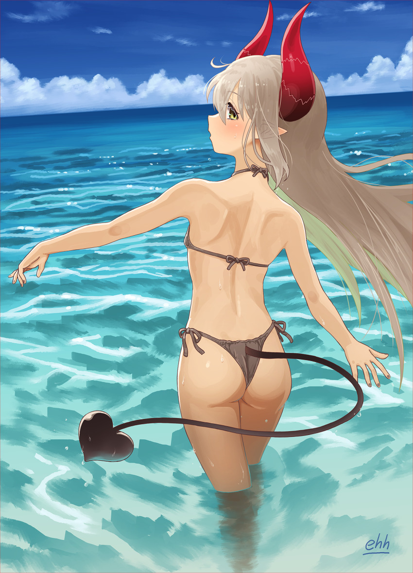 1girl alternate_costume artist_name ass bare_arms bare_shoulders bikini black_tail blue_sky blush clothing_cutout cloud commentary_request day demon_girl demon_horns demon_tail emma_august eyeharmheart feet_out_of_frame floating_hair from_behind grey_bikini grey_hair grey_nails highres horns long_hair looking_at_viewer looking_back median_furrow nail_polish nijisanji ocean open_mouth outdoors pointy_ears profile red_horns shoulder_blades side-tie_bikini_bottom sky solo standing sweat swimsuit tail tail_through_clothes turning_head very_long_hair virtual_youtuber wading yellow_eyes