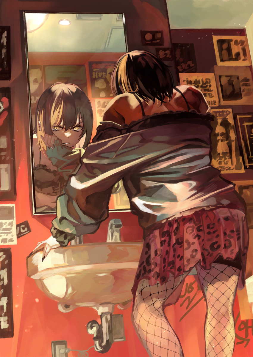 1girl animal_print arm_support black_hair black_jacket black_nails blonde_hair crop_top fishnet_pantyhose fishnets from_behind glaring highres idolmaster idolmaster_shiny_colors ikaruga_luca jacket leopard_print miniskirt mirror multicolored_hair nail_polish navel off_shoulder otsudou pantyhose parted_lips pink_skirt reflection shirt short_hair sink skirt solo streaked_hair v-shaped_eyebrows wiping_face yellow_eyes