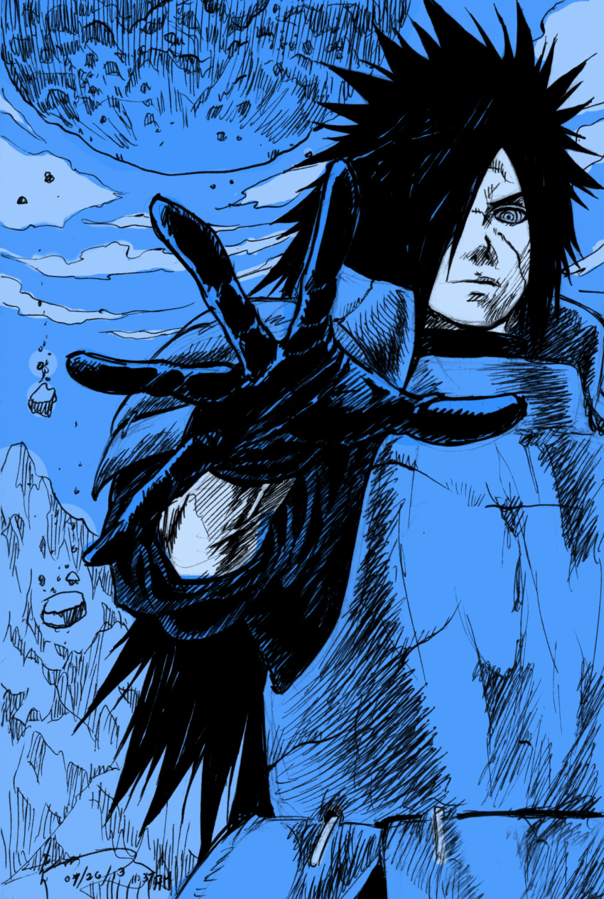 1boy 2013 armor blue_theme cloud cracked_skin dated debris dominic_ian_cabatit dou edo_tensei expressionless foreshortening gloves hair_over_one_eye hand_up highres japanese_armor long_hair looking_at_viewer meteor monochrome naruto_(series) naruto_shippuuden open_hand outstretched_hand rinnegan rock shoulder_armor solo spiked_hair spread_fingers timestamp uchiha_madara upper_body