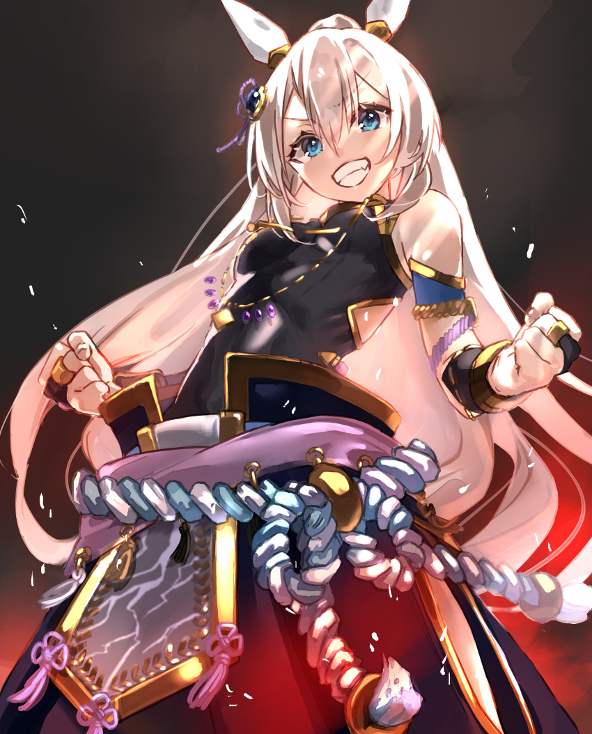 1girl absurdres animal_ears black_bridal_gauntlets black_shirt bridal_gauntlets commentary ear_covers from_below grin hair_between_eyes headband high_ponytail highres horse_ears long_hair looking_at_viewer michikusa_(bells_michi) no_tail official_alternate_costume parted_bangs ponytail red_headband rope shimenawa shirt sidelocks sleeveless sleeveless_shirt smile solo tamamo_cross_(fierce_thunder_god)_(umamusume) tamamo_cross_(umamusume) tight_clothes umamusume v-shaped_eyebrows very_long_hair white_hair wide_ponytail