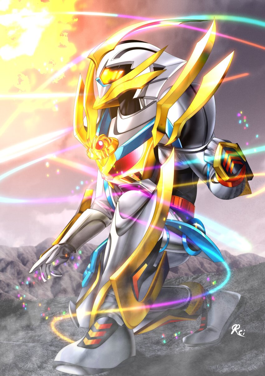 1boy absurdres bodysuit bug clenched_hand crosshopper rider_belt foreshortening from_side gloves gold_trim grasshopper highres insect kamen_rider kamen_rider_gotchard kamen_rider_gotchard_(series) kamen_rider_platina_gotchard landing locomotive looking_at_viewer male_focus open_hand open_hands pink_eyes reiei_8 rider_belt scarf sparkle_background squatting steam_locomotive tenliner tokusatsu white_bodysuit white_gloves