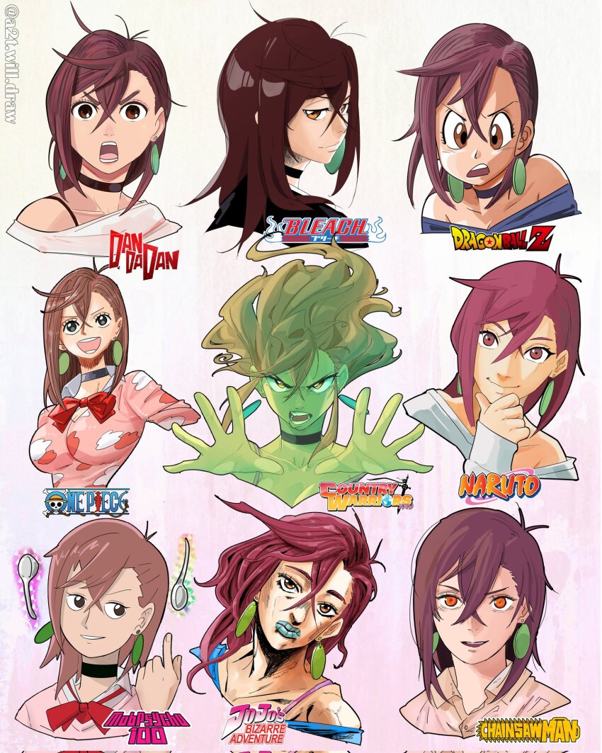1girl a2t_will_draw araki_hirohiko_(style) ayase_momo black_choker bleach bow breasts brown_hair cardigan chainsaw_man choker commentary copyright_name country_warriors dandadan dragon_ball dragonball_z earrings english_commentary fujimoto_tatsuki_(style) hair_behind_ear highres jewelry jojo_no_kimyou_na_bouken kishimoto_masashi_(style) kubo_tite_(style) logo looking_at_viewer medium_hair mob_psycho_100 multiple_style_parody multiple_views naruto naruto_(series) oda_eiichirou_(style) off-shoulder_shirt off_shoulder one_(style) one_piece open_mouth parody pendant_earring red_bow school_uniform shirt smile spoon style_parody toriyama_akira_(style) twitter_username underwater upper_body yukinobu_tatsu_(style)