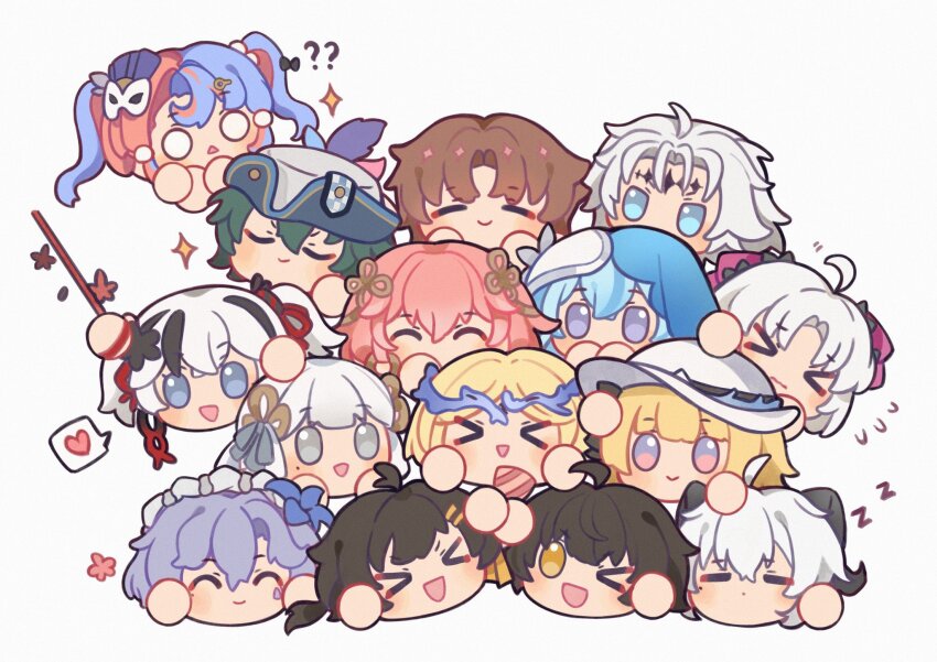 &gt;_&lt; &gt;_o ? ?? ahoge black_flower black_hair blonde_hair blue_eyes blue_flower blue_hair blue_veil calcharo_(wuthering_waves) camellya_(wuthering_waves) cantarella_(wuthering_waves) carlotta_(wuthering_waves) cartethyia_(wuthering_waves) changli_(wuthering_waves) closed_mouth commentary crown_of_thorns cyxndmr dual_persona eye_mask facial_mark female_rover_(wuthering_waves) flower flying_sweatdrops grey_background hair_flower hair_ornament hat heart highres jinhsi_(wuthering_waves) looking_at_viewer male_rover_(wuthering_waves) mark_under_eye mask mask_on_head mole mole_on_cheek multicolored_hair no_humans objectification one_eye_closed open_mouth phoebe_(wuthering_waves) pink_hair purple_eyes purple_hair roccia_(wuthering_waves) rover_(wuthering_waves) shorekeeper_(wuthering_waves) simple_background sleeping smile smug sparkle sparkling_aura spoken_heart symbol-only_commentary tacet_mark_(wuthering_waves) tricorne two-tone_hair veil white_eyes white_hair white_hat white_veil wuthering_waves xiangli_yao yellow_eyes zani_(wuthering_waves) zzz
