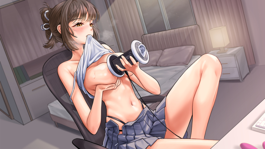 1girl absurdres bed binaural_microphone blush breasts brown_eyes brown_hair camisole chair clothes_in_mouth computer_keyboard curtains desk gotica grey_skirt hair_ribbon highres holding holding_microphone lamp microphone mouth_hold navel original panty_straps pillow pleated_skirt ribbon shirt_in_mouth sitting skirt solo strap_slip sweat white_camisole white_ribbon