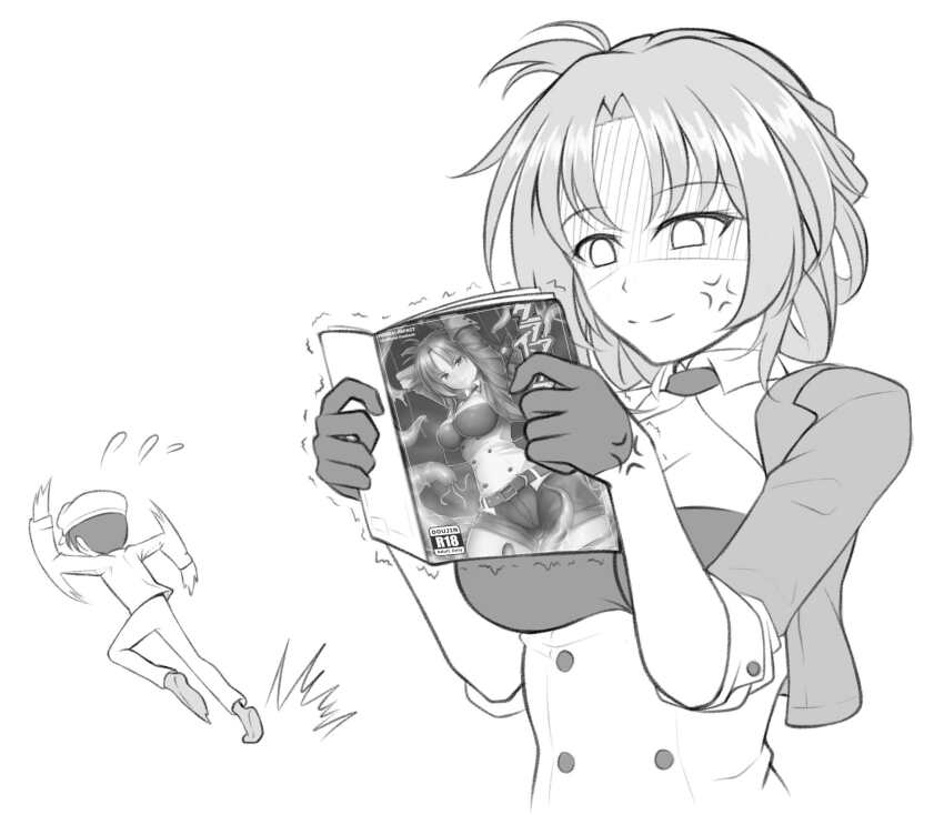 1boy 1girl anger_vein angry blank_eyes book breasts captain_(honkai_impact) cleavage closed_mouth false_smile fleeing gloves greyscale guardian-panda highres holding holding_book honkai_(series) honkai_impact_3rd jacket large_breasts monochrome murata_himeko murata_himeko_(battle_storm) pants reading running short_hair simple_background smile white_background white_jacket white_pants