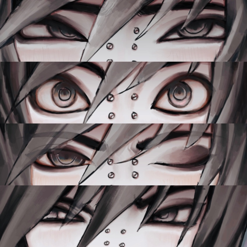 blush bridge_piercing commentary emo_fashion english_commentary eyeliner eyeshadow furrowed_brow highres long_bangs makeup one_eye_closed original painterly pale_skin piercing raised_eyebrows ringed_eyes ryguba sanpaku squinting straight-on tsurime