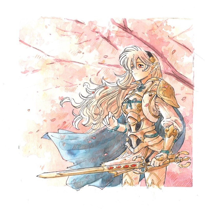 armor branch cape cherry_blossoms female_corrin_(fire_emblem) cropped_legs falling_petals fire_emblem fire_emblem_fates grey_hair hairband highres holding holding_sword holding_weapon kirbuart long_hair looking_to_the_side nintendo official_alternate_costume petals pointy_ears red_eyes smile sword tree weapon yato_(fire_emblem)