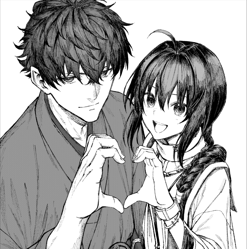 1boy 1other ahoge bracelet braid fate/samurai_remnant fate_(series) greyscale hair_intakes hair_over_shoulder heart heart_hands heart_hands_duo highres japanese_clothes jewelry katana kimono long_braid looking_at_viewer miyamoto_iori_(fate) monochrome mugetsu2501 necklace sheath sheathed sidelocks single_braid smile sword topknot weapon yamato_takeru_(fate)