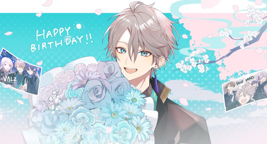 1boy :d ahoge baby&#039;s-breath black_haori blue_eyes blue_flower blue_rose branch cherry_blossoms cloud commentary_request earrings egasumi falling_petals flower fuwa_minato fuwa_minato_(1st_costume) genzuki_toujirou genzuki_toujirou_(2nd_costume) grey_hair hair_between_eyes haori happy_birthday highres japanese_clothes jewelry kagami_hayato kagami_hayato_(1st_costume) kaida_haru kaida_haru_(1st_costume) kenmochi_touya kenmochi_touya_(1st_costume) kimono looking_at_viewer male_focus nagao_kei nagao_kei_(1st_costume) nijisanji open_mouth parted_bangs petals photo_(object) pink_flower pink_rose purple_flower purple_rose rof-mao rose saw_(dtn_error) short_hair smile solo sun_symbol tassel tassel_earrings teeth upper_body upper_teeth_only valz virtual_youtuber white_flower