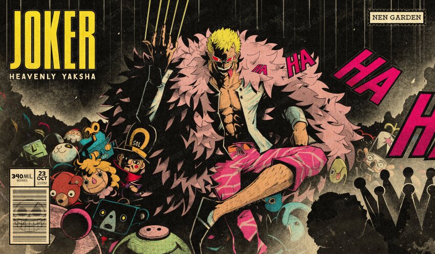 1boy 6+others absurdres arm_up batman_(series) blonde_hair coat coat_on_shoulders cover crossed_arms dc_comics devil_fruit devil_fruit_power donquixote_doflamingo earrings english_text evil_smile fake_cover feather_trim grin highres jewelry laughing long_sleeves looking_at_viewer multiple_others name_connection one_piece open_clothes open_mouth open_shirt open_vest parody pectorals shaded_face short_hair sitting smile standing style_parody sunglasses thread toy vest vimart