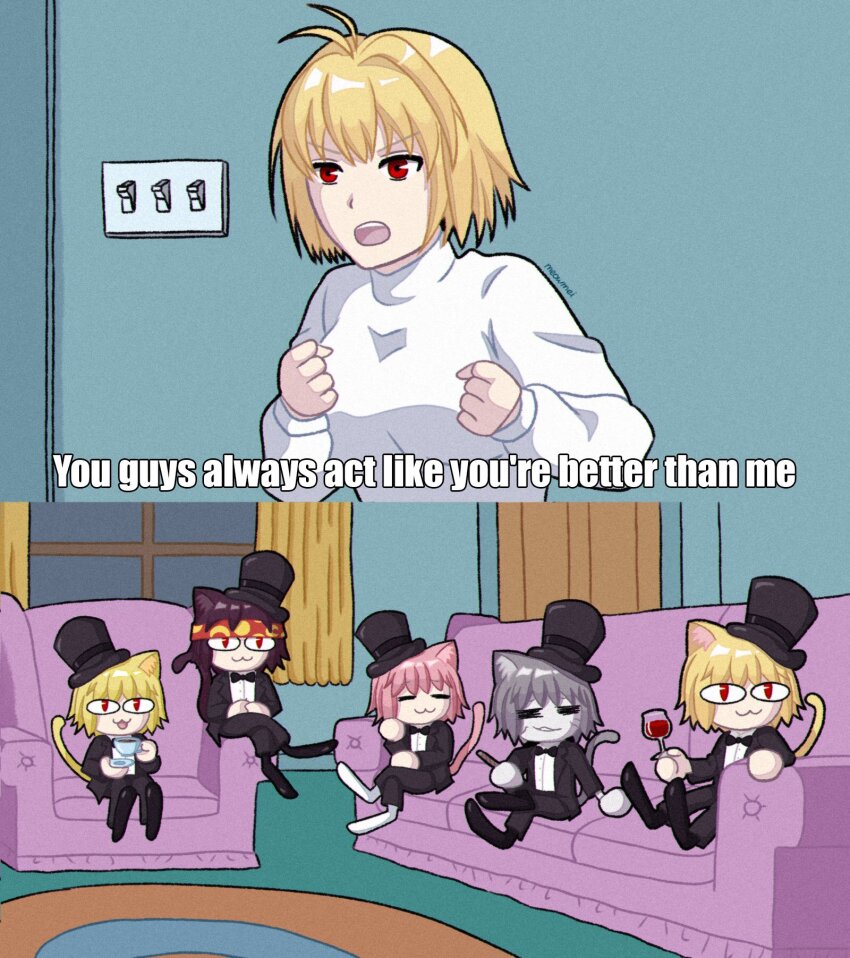 2boys 4girls :3 =_= alcohol animal_ears arcueid_brunestud black_bow black_bowtie black_suit bow bowtie brown_hair cat_boy cat_ears cat_girl cat_tail cigarette colored_skin couch cup door drinking_glass english_text family_guy formal_clothes grey_hair grey_skin hat highres holding holding_cigarette holding_cup holding_saucer indoors living_room meme meowmei multiple_boys multiple_girls neco-arc neco-arc_bubbles neco-arc_chaos neco-arc_destiny neco-arc_evolution neco_spirit on_couch pant_suit pants pink_hair red_eyes saucer scene_reference subtitled suit sweater tail tea teacup top_hat traditional_bowtie tsukihime turtleneck turtleneck_sweater white_sweater window wine wine_glass