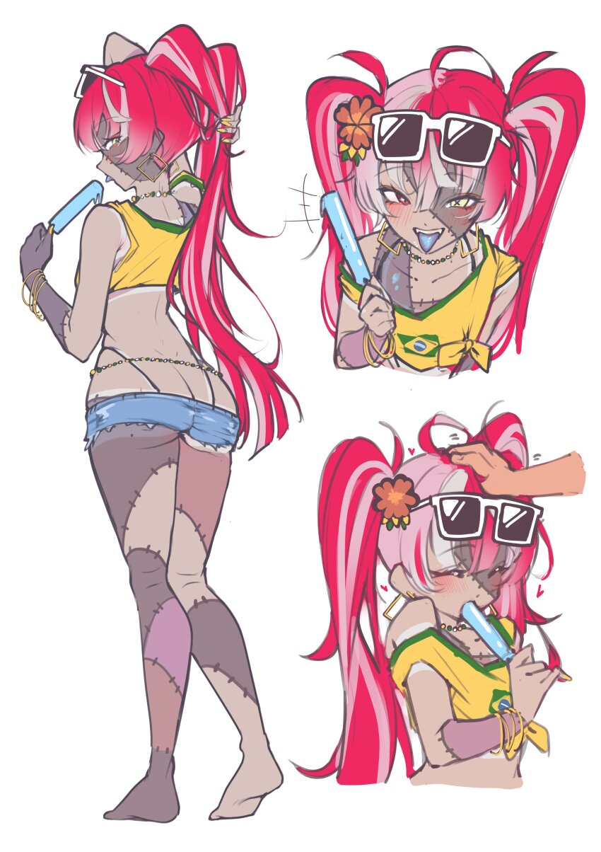 1girl 1other ^_^ absurdres ahoge arm_behind_head arm_up ass bangle bare_arms bare_legs bare_shoulders barefoot belly_chain bikini blue_tongue blush bracelet brazilian_flag brazilian_flag_print brazilian_miku brazilian_miku_(cosplay) closed_eyes collarbone colored_skin colored_tongue commentary cosplay cropped_shirt cutoffs disembodied_hand earrings english_commentary eyewear_on_head fangs flag_print flower food grey_skin hair_flower hair_ornament hand_in_own_hair hand_on_another&#039;s_head hatsune_miku headpat heart heterochromia highleg highleg_bikini highres hololive hololive_indonesia hoop_earrings jewelry kghazir kureiji_ollie long_hair micro_shorts mole mole_on_ass multicolored_hair multiple_views nail_polish patchwork_skin pink_hair popsicle red_eyes red_hair shirt shorts simple_background single_off_shoulder stitches streaked_hair sunglasses swimsuit symbol-shaped_pupils t-shirt tied_shirt tongue tongue_out twintails very_long_hair virtual_youtuber vocaloid white-framed_eyewear white_background white_hair x-shaped_pupils yellow_eyes yellow_nails yellow_shirt