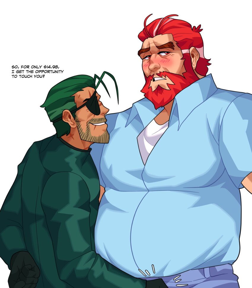 2boys ahoge averting_eyes bara beard beard_stubble big_belly biting_own_lip collared_shirt crotch_grab english_text eyepatch facial_hair forked_eyebrows hair_slicked_back highres large_pectorals looking_to_the_side male_focus male_prostitution mature_male mr._krabs multicolored_hair multiple_boys mustache mustache_stubble notice_lines old old_man pectorals personification red_eyes red_hair revealyoursins seductive_smile plankton_(spongebob) shirt short_hair sideburns smile spongebob_squarepants_(series) streaked_hair stubble thick_eyebrows wrinkled_skin yaoi