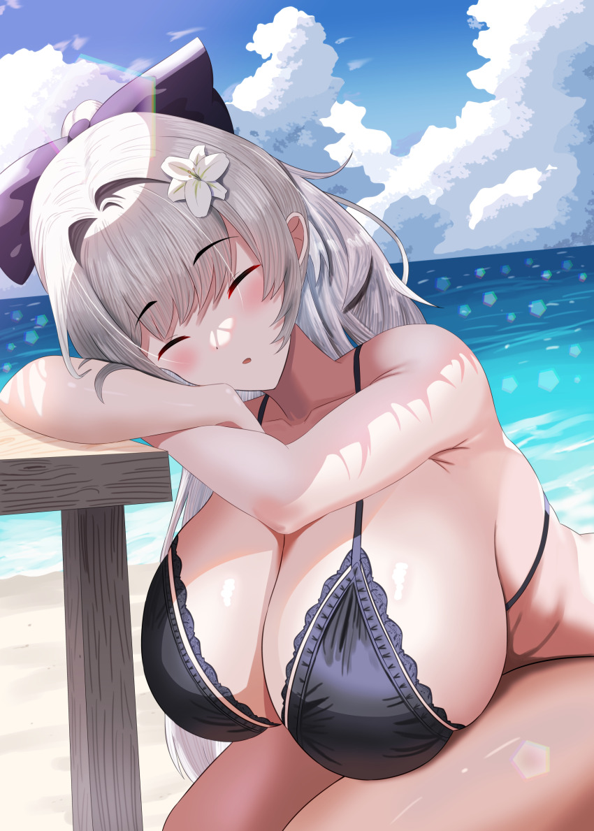 1girl absurdres aya-cis azur_lane beach bikini black_bikini blue_sky bow breasts breasts_on_lap closed_eyes cloud day grey_hair hair_bow highres horizon huge_breasts leaning_forward long_hair ocean official_alternate_costume outdoors purple_bow sagging_breasts sand sitting sky sleeping solo summer swimsuit vittorio_veneto_(azur_lane) vittorio_veneto_(the_flower_of_la_spezia)_(azur_lane) water