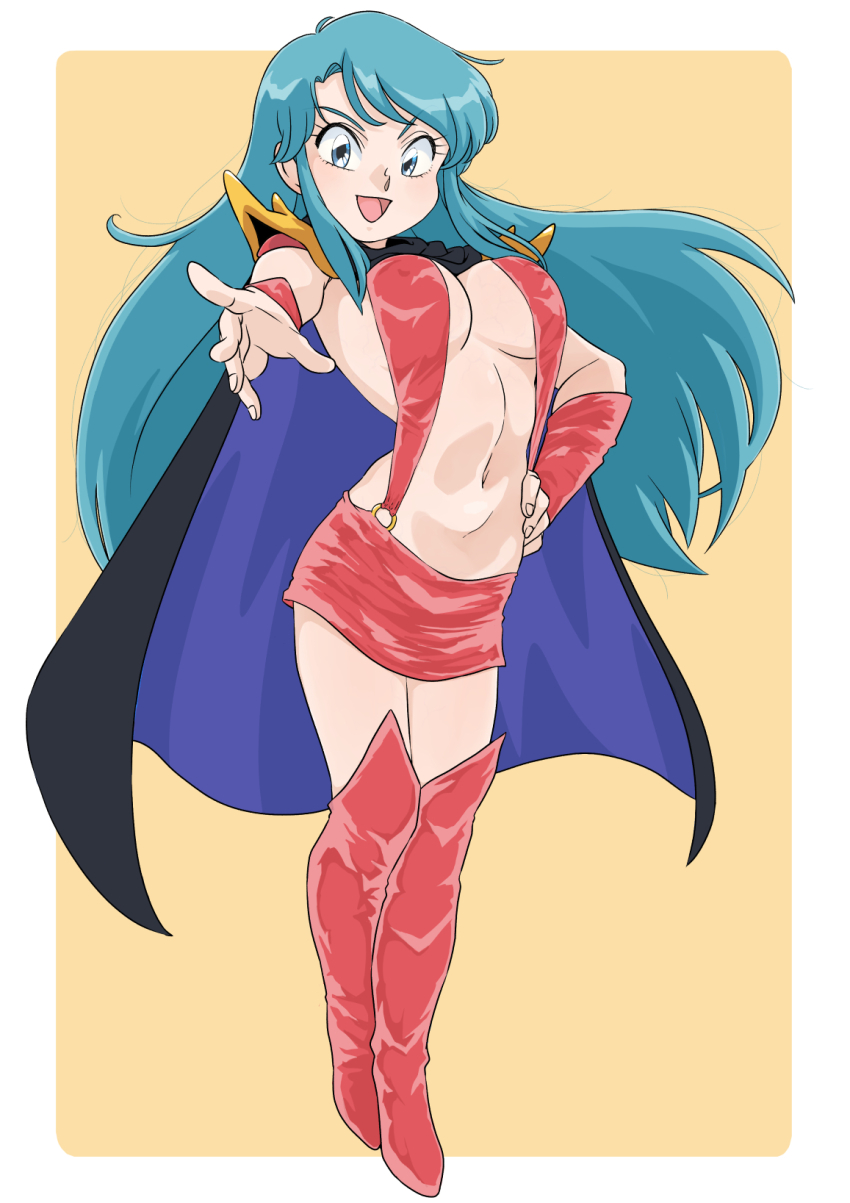 1girl aqua_hair blue_eyes boots breasts cape full_body genji_tsuushin_agedama highres kuki_rei large_breasts long_hair looking_at_viewer miniskirt mizukane navel open_mouth revealing_clothes shoulder_pads skirt smile solo thighhighs