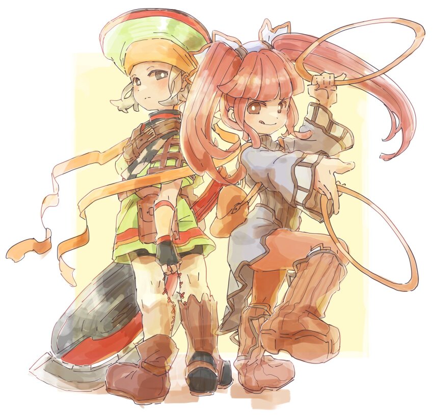 1boy 1girl boots chakram closed_mouth dewprism dress full_body gloves highres holding holding_weapon knee_boots long_hair long_sleeves looking_at_viewer mint_(dewprism) no31990 pantyhose pink_hair rue_(dewprism) smile twintails weapon