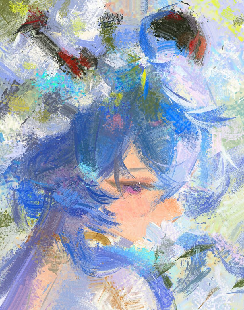 1girl absurdres ahoge blue_hair commentary eyelashes flower from_side ganyu_(genshin_impact) genshin_impact goat_horns half-closed_eyes highres holding holding_flower horns long_hair nyte_tyde painterly portrait purple_eyes qingxin_flower solo