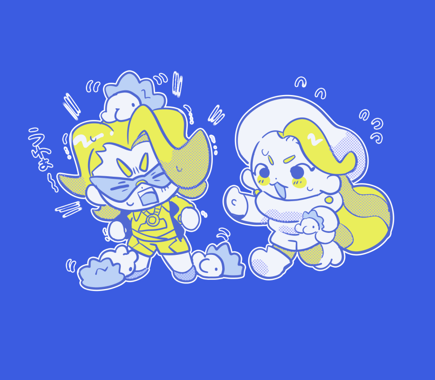1boy 1girl :d blonde_hair blue_background blush_stickers boots chibi closed_eyes collared_shirt commentary_request flying_sweatdrops gen_8_pokemon gogeyama gordie_(pokemon) hat highres holding holding_pokemon jacket jewelry melony_(pokemon) mother_and_son necklace nintendo on_head open_clothes open_jacket open_mouth pantyhose pokemon pokemon_(creature) pokemon_on_head pokemon_swsh scarf shirt shoes shorts simple_background smile snom standing sunglasses sweat teeth upper_teeth_only white_footwear white_hat white_scarf white_shirt white_shorts yellow_pantyhose