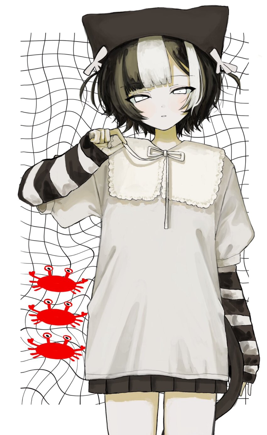1girl animal_ear_headwear arm_at_side beanie black_hair black_skirt cat_tail cowboy_shot crab fake_animal_ears grid_background half-closed_eyes hand_up hat highres hiro_016016 holding holding_ribbon layered_sleeves long_sleeves looking_at_viewer multicolored_hair neck_ribbon original parted_lips pleated_skirt recurring_image ribbon shirt short_hair short_over_long_sleeves short_sleeves skirt solo streaked_hair striped_sleeves tail two_side_up white_background white_eyes white_hair white_ribbon white_shirt