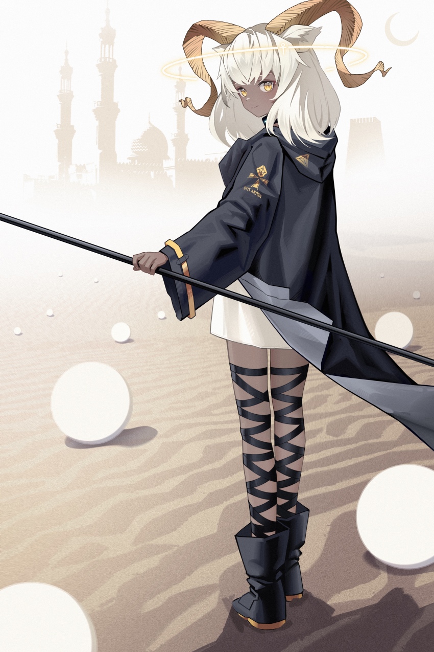 1girl absurdres animal_ear_fluff animal_ears arknights beeswax_(arknights) black_boots black_jacket boots building closed_mouth commentary_request dark-skinned_female dark_skin dress from_behind highres holding hood hood_down hooded_jacket horns jacket long_hair long_sleeves looking_at_viewer looking_back open_clothes open_jacket sand smile solo standing tower white_dress white_hair wide_sleeves zhengqi_zhizi_sg