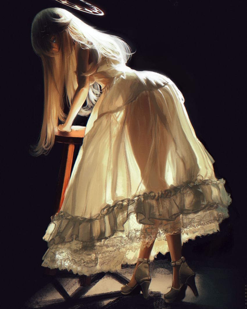 1girl ankle-strap_heels art_study blonde_hair blue_eyes breasts full_body high_heels highres kaneko_lumi leaning_forward leaning_on_object long_hair looking_at_viewer medium_breasts phase_connect photo-referenced see-through_silhouette solo very_long_hair virtual_youtuber xobevol