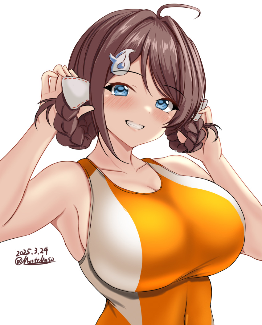 1girl ahoge arms_up blue_eyes blush braid braided_hair_rings breasts brown_hair chougei_(kancolle) cleavage commentary_request competition_swimsuit dated grey_eyes grin hair_ornament hair_rings hairclip highres kantai_collection large_breasts long_hair looking_at_viewer montemasa one-piece_swimsuit orange_one-piece_swimsuit signature simple_background smile solo swimsuit teeth twin_braids twitter_username upper_body white_background