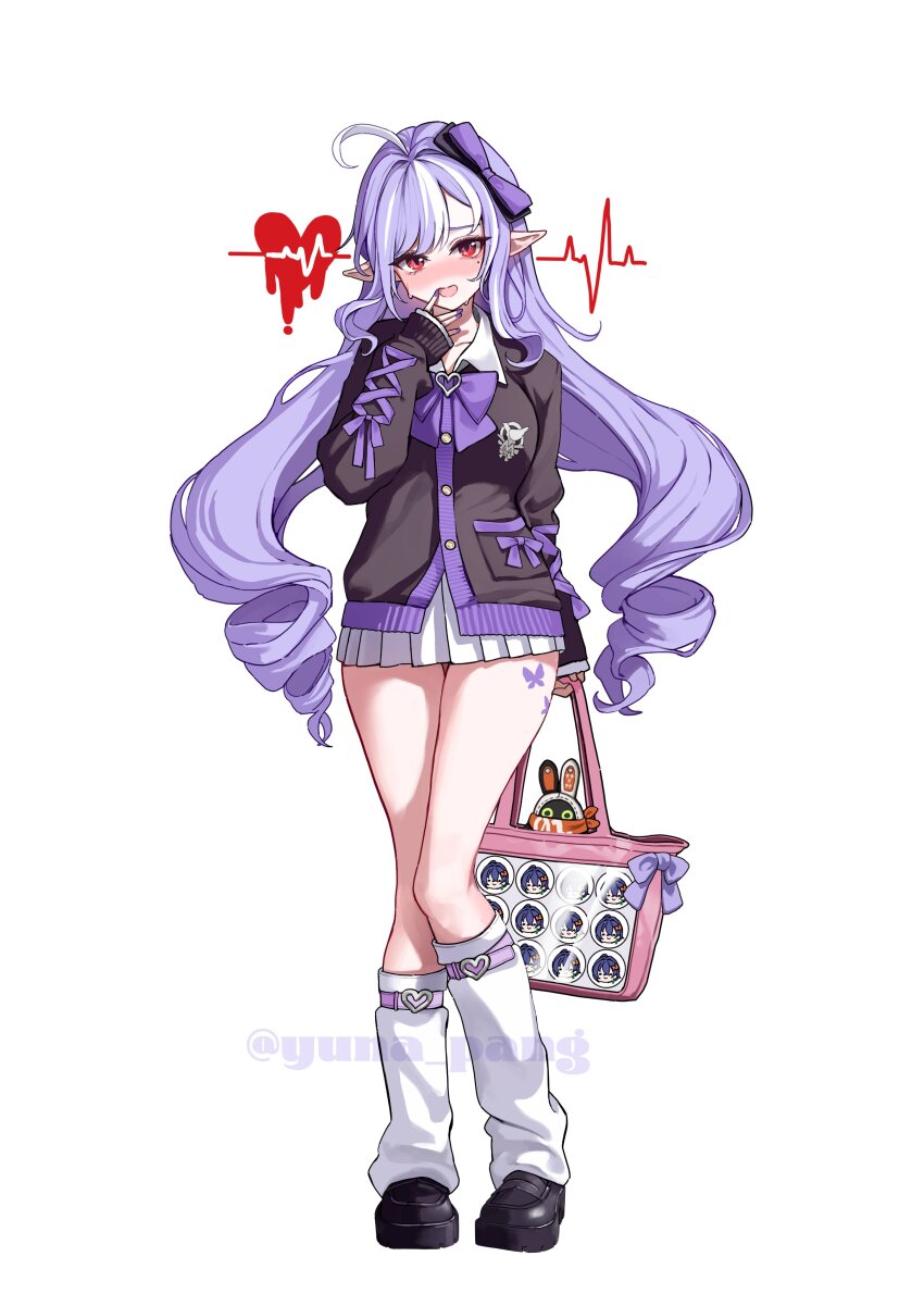 1girl absurdres ahoge alternate_costume bag belle_(zenless_zone_zero) black_nails black_shoes blush bow collared_shirt full_body heart-shaped_bag highres holding holding_bag itabag long_hair long_sleeves looking_at_viewer multicolored_hair open_mouth oshi-katsu pointy_ears purple_bow purple_hair red_eyes revision school_uniform shirt shoes simple_background socks solo standing streaked_hair thighs very_long_hair vivian_banshee white_background white_hair white_shirt white_socks yuna_(deadawon) zenless_zone_zero