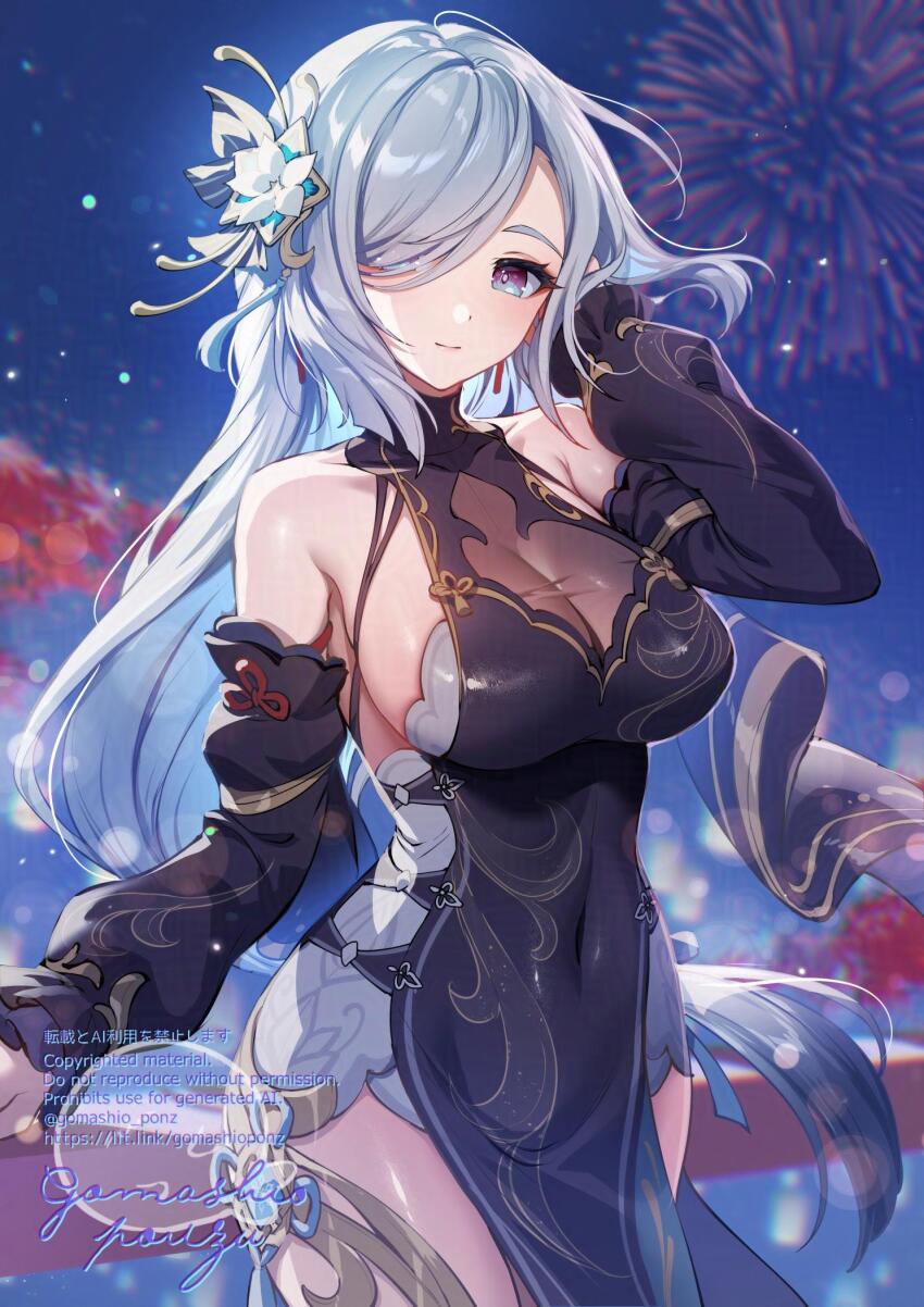 1girl aerial_fireworks bare_shoulders black_dress blue_eyes braid breasts china_dress chinese_clothes covered_navel detached_sleeves dress fireworks genshin_impact gomashio_ponz grey_hair hair_ornament hair_over_one_eye highres long_braid long_hair long_sleeves looking_at_viewer night night_sky outdoors pelvic_curtain revision shenhe_(frostflower_dew)_(genshin_impact) shenhe_(genshin_impact) sky smile solo very_long_hair