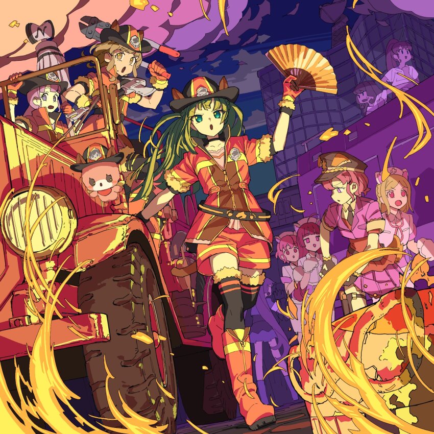 1boy 6+girls black_hat black_thighhighs boots building car commentary_request fire fire_helmet firefighter folding_fan green_eyes green_hair hand_fan hand_up hat highres hojo_sophy holding holding_fan jacket kurosu_aroma long_hair manaka_laala manaka_non masunikuru midorikaze_fuwari motor_vehicle multiple_girls nurse nurse_cap open_mouth outdoors paper_fan pretty_series pripara purple_jacket red_jacket red_shorts reona_west shiratama_mikan short_hair shorts smoke standing taiyo_pepper thighhighs tsukikawa_chili usacha