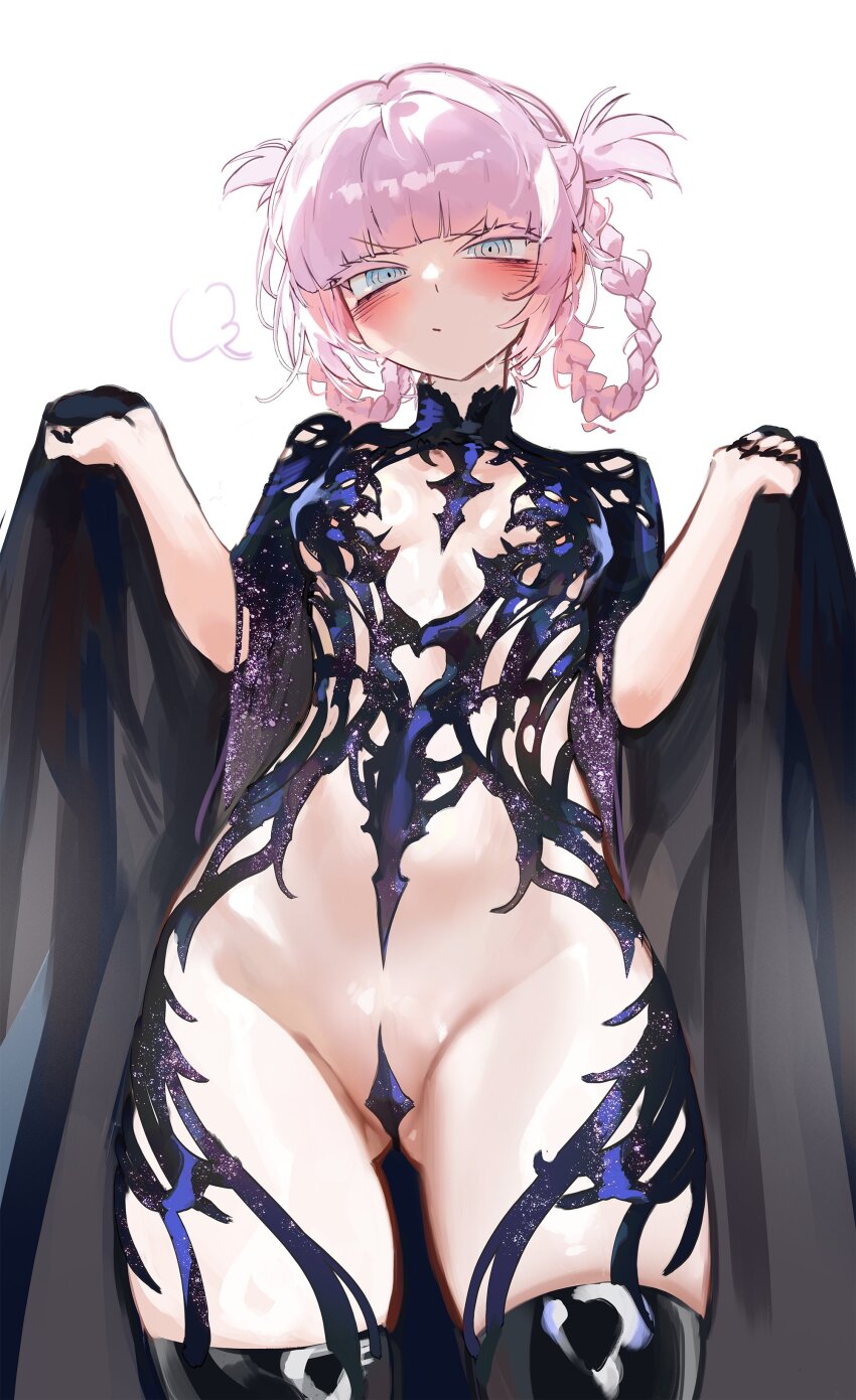 1girl absurdres aqua_eyes black_cape black_dress black_nails black_thighhighs blush braid braided_hair_rings breasts cape chronopattern_dress closed_mouth colored_eyelashes commentary dress english_commentary fingernails foolish_potato gluteal_fold hair_rings highres maebari nail_polish nanakusa_nazuna_(yofukashi_no_uta) pink_hair simple_background solo thighhighs thighs white_background yofukashi_no_uta