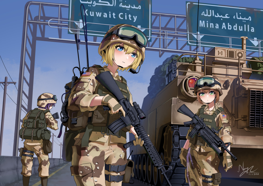 1other 2022 2girls absurdres ambiguous_gender american_flag ammunition_pouch anachronism arabic_text armored_personnel_carrier armored_vehicle arrow_(symbol) assault_rifle backpack bag belt blonde_hair blue_eyes blue_sky body_armor boots brown_footwear brown_gloves brown_pants bulletproof_vest camouflage camouflage_headwear camouflage_pants canteen cargo_pants carrying_bag caterpillar_tracks chin_strap closed_mouth combat_boots combat_helmet commentary cowboy_shot dated day desert_camouflage dot_mouth english_commentary english_text facing_back feet_out_of_frame foregrip from_behind gloves goggles goggles_on_headwear green_bag green_belt green_eyes green_vest grenade_launcher gulf_war gun gun_sling helmet highres historical_event holding holding_gun holding_weapon kaungmyat_naing lamp load_bearing_equipment load_bearing_vest long_sleeves looking_ahead m16 m16a4 m203 microphone military military_combat_uniform military_uniform military_vehicle motor_vehicle multiple_girls optical_sight original outdoors pants patch pocket pouch power_lines purple_hair radio_antenna rifle road road_sign shirt short_hair sign signature sky sleeves_rolled_up soldier standing straight-on thigh_pouch thigh_strap three-quarter_sleeves trigger_discipline underbarrel_grenade_launcher united_states_army utility_belt utility_pole vehicle_request vertical_foregrip vest war weapon yellow_headwear yellow_pants yellow_shirt
