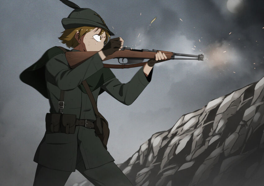 1boy aiming ammunition_pouch bag bayonet belt belt_buckle blonde_hair bolt-action_rifle bolt_action buckle carbine carcano_m91/38 fingerless_gloves gloves gun hat holding holding_gun holding_rifle holding_weapon italian_army looking_away military military_hat military_uniform mrxinom original pouch rifle rock shell_casing smoke sun war weapon world_war_ii
