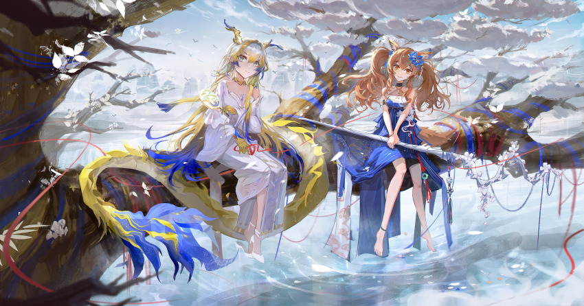 2girls absurdres ambience_synesthesia angelina_(ambience_synesthesia_2025)_(arknights) angelina_(arknights) animal_ears arknights bare_shoulders blonde_hair blue_dress branch breasts chinese_commentary commentary_request dragon_girl dragon_horns dragon_tail dress eastern_dragon_horns eastern_dragon_tail fox_ears fox_girl fox_tail green_eyes hair_between_eyes hair_ornament highres holding holding_scepter horns hymy4258 long_hair long_sleeves medium_breasts multiple_girls official_alternate_costume official_alternate_hairstyle orange_eyes scepter shu_(arknights) shu_(bingwenyuyou)_(arknights) sitting sitting_on_branch small_breasts tail twintails