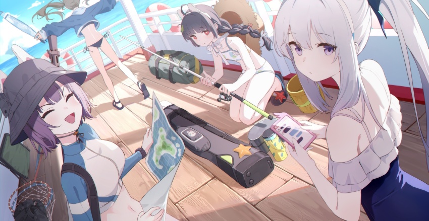 4girls absurdres ahoge bikini black_hair blue_archive blue_jacket blue_one-piece_swimsuit braid breasts brown_hair cellphone closed_eyes closed_mouth cropped_jacket fishing_rod flat_chest frilled_one-piece_swimsuit frills grey_hair hair_between_eyes highres holding holding_fishing_rod holding_map holding_phone jacket leaf leaf_on_head leaf_print long_hair looking_at_viewer map medium_breasts miyako_(blue_archive) miyako_(swimsuit)_(blue_archive) miyu_(blue_archive) miyu_(swimsuit)_(blue_archive) moe_(blue_archive) moe_(swimsuit)_(blue_archive) multiple_girls navel off-shoulder_one-piece_swimsuit off_shoulder official_alternate_costume one-piece_swimsuit open_mouth outstretched_arms phone ponytail print_bikini purple_eyes purple_hair rabbit_platoon_(blue_archive) raglan_sleeves rash_guard red_eyes saki_(blue_archive) saki_(swimsuit)_(blue_archive) sandals short_hair smartphone smile soeyumi spread_arms swimsuit twin_braids twintails white_bikini