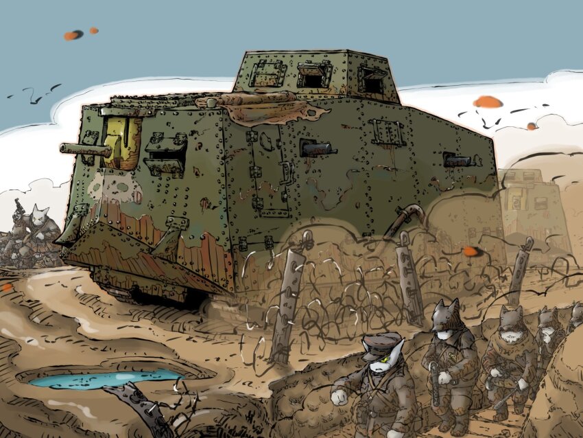a7v_(tank) barbed_wire blue_sky cannon cloud combat_helmet fence fence_post gun helmet highres holding holding_gun holding_weapon iron_fence machine_gun maxim_gun mg08 military_vehicle motor_vehicle mp18 mud original puddle sky stahlhelm submachine_gun tank trench trench_mace water weapon yabarn