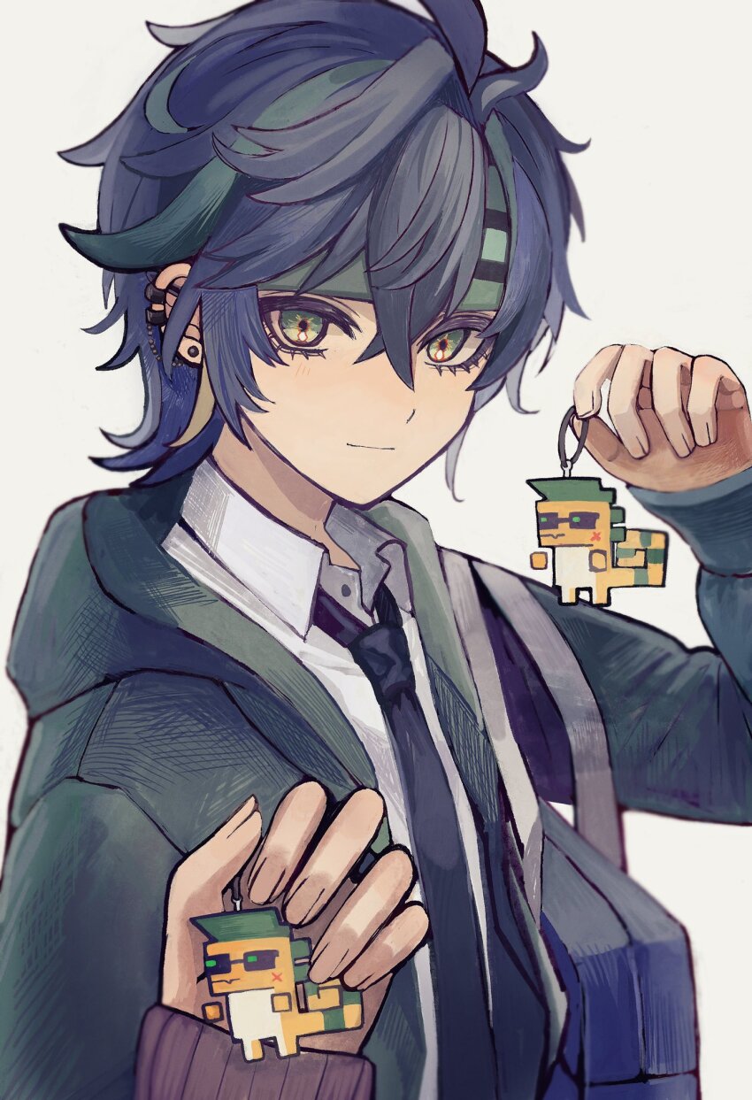 1boy 1other ajaw_(genshin_impact) antenna_hair asatya_ny bag barbell_piercing black_hair black_necktie blue_bag character_charm charm_(object) closed_mouth collared_shirt commentary_request crossed_bangs ear_piercing earrings genshin_impact green_eyes green_hair green_headband green_hoodie hair_between_eyes hand_up headband highres holding holding_charm hood hood_down hoodie industrial_piercing jewelry kinich_(genshin_impact) linked_piercing long_sleeves looking_at_viewer male_focus multicolored_hair necktie open_clothes open_hoodie parted_bangs piercing pov pov_hands school_bag school_uniform shirt short_hair shoulder_bag simple_background smile solo_focus streaked_hair stud_earrings upper_body white_background white_shirt wing_collar