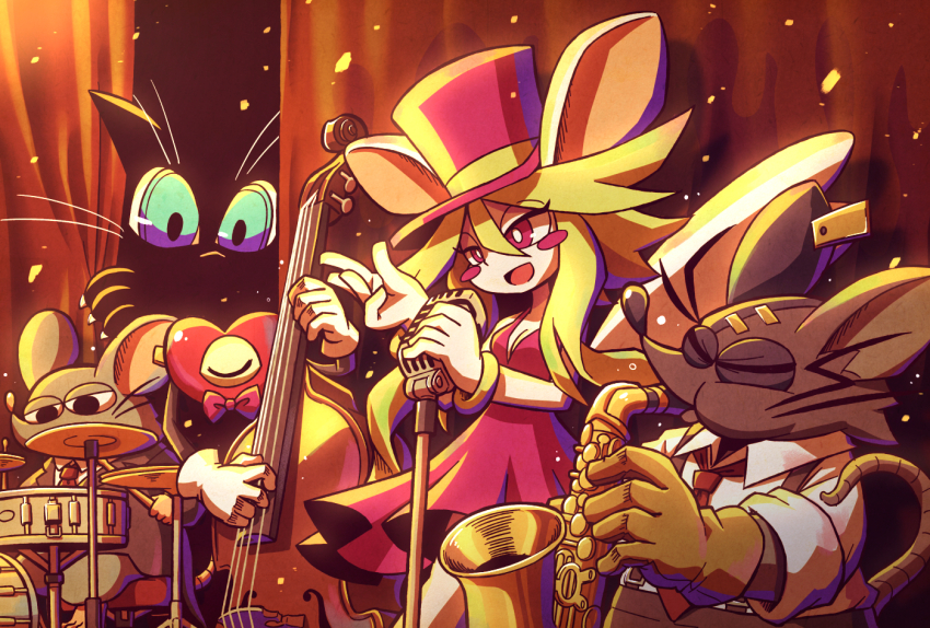 1girl 1other 3boys animal_ears arinu band_(music) black_cat black_eyes black_fear_(mad_rat_dead) black_jacket black_pants blue_eyes bow breasts buckle cat claws cleavage closed_eyes commentary_request curtains double_bass dress drum drum_set drumsticks gloves green_hair hair_between_eyes hat heart heart_(mad_rat_dead) holding holding_drumsticks holding_instrument holding_saxophone instrument jacket mad_rat_(mad_rat_dead) mad_rat_dead microphone mixed-language_commentary mob_rat_(mad_rat_dead) mouse_(animal) mouse_ears mouse_girl mouse_tail multiple_boys music necktie one-eyed open_mouth pants playing_instrument rat_god_(mad_rat_dead) red_bow red_curtains red_dress red_eyes red_hat red_necktie saxophone shirt sidelocks singing sitting stage_curtains stitched_face stitches suspenders tail top_hat whiskers white_gloves white_shirt yellow_gloves