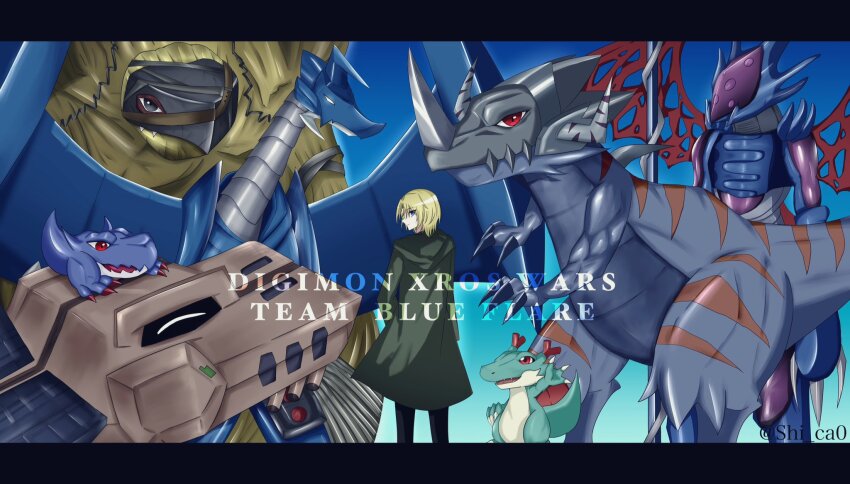 6+boys aonuma_kiriha armor blonde_hair claws cyberdramon_(digimon_xros_wars) deckerdramon digimon digimon_(creature) digimon_xros_wars dracomon gaossmon golemon greymon_(digimon_xros_wars) highres horns looking_at_viewer maildramon multiple_boys red_eyes short_hair wings