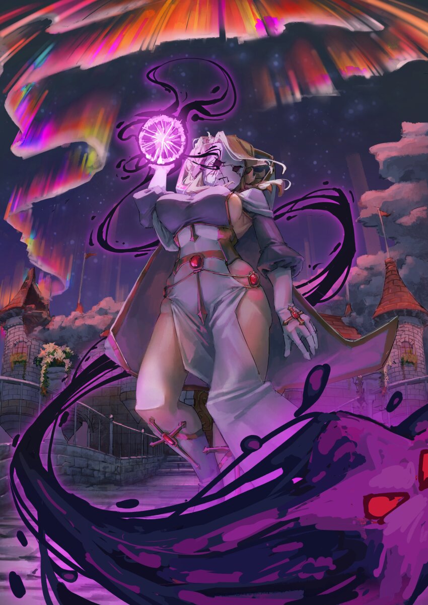 1girl 2024 absurdres alternate_costume arm_at_side arm_up aurora bare_legs blonde_hair boots borrowed_character breasts castle cloak commentary commission corset cross dark_star_(mario) dress elbow_gloves energy english_commentary euredaicy flag floating foreshortening forest gem gloves glowing gold_trim grey_shirt hair_over_one_eye highres hood hooded_cloak hoodie large_breasts locket_white_(bakalorin) long_sleeves looking_at_viewer magic mario_(series) nature night night_sky nintendo original outdoors pelvic_curtain puffy_long_sleeves puffy_sleeves railing red_gemstone serious shirt shy_gal side_slit sky stairs star_(sky) starry_sky swept_bangs thick_thighs thighs tree variant_set white_boots white_cloak white_dress white_gloves white_hoodie white_mask
