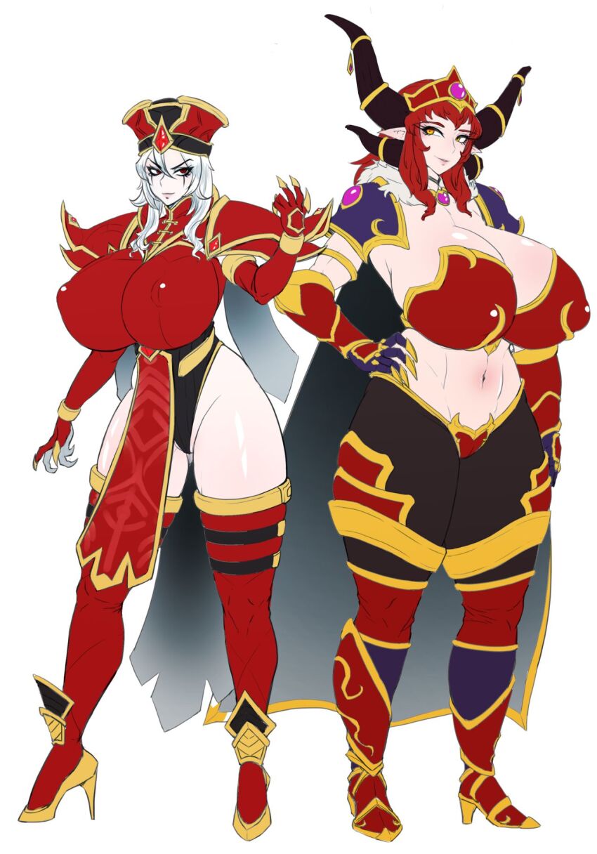 2girls alexstrasza armor breasts cleavage covered_erect_nipples crown curvy dragon dragon_girl exabyte_(parallax05) gigantic_breasts hand_on_own_hip hat highres horns huge_breasts jewelry long_hair looking_at_another looking_to_the_side multiple_girls navel necklace pointy_ears priestess red_eyes red_hair sally_whitemane shiny_skin smile standing thick_thighs thighhighs thighs warcraft white_background white_hair wide_hips world_of_warcraft yellow_eyes