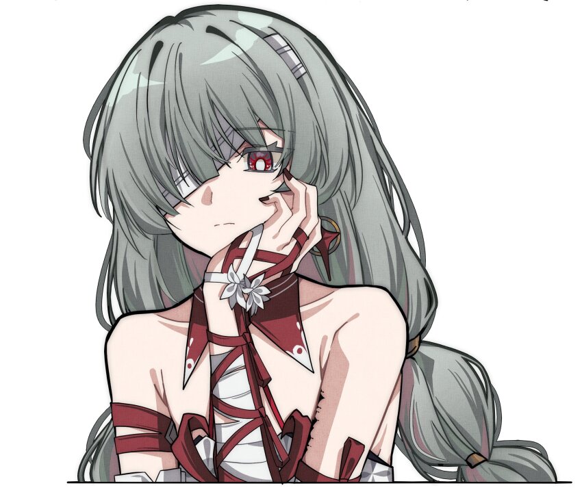 1girl bandage_over_one_eye bandaged_arm bandages bare_shoulders bright_pupils closed_mouth commentary earrings grey_hair hand_on_own_face hand_up highres jewelry long_hair looking_at_viewer nail_polish phrolova_(wuthering_waves) pokarii_zuu red_eyes red_nails simple_background solo tacet_mark_(wuthering_waves) white_background white_pupils wuthering_waves