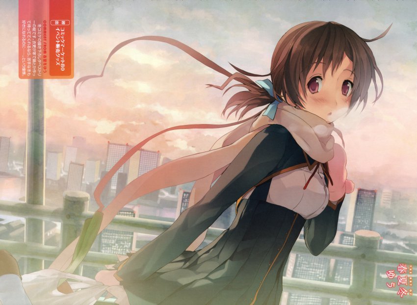 10s 1girl absurdres ahoge akinashi_yuu aomi_isara blush breasts brown_hair framed_breasts gloves highres koi_to_senkyo_to_chocolate medium_breasts non-web_source open_mouth red_eyes scarf school_uniform short_hair sky