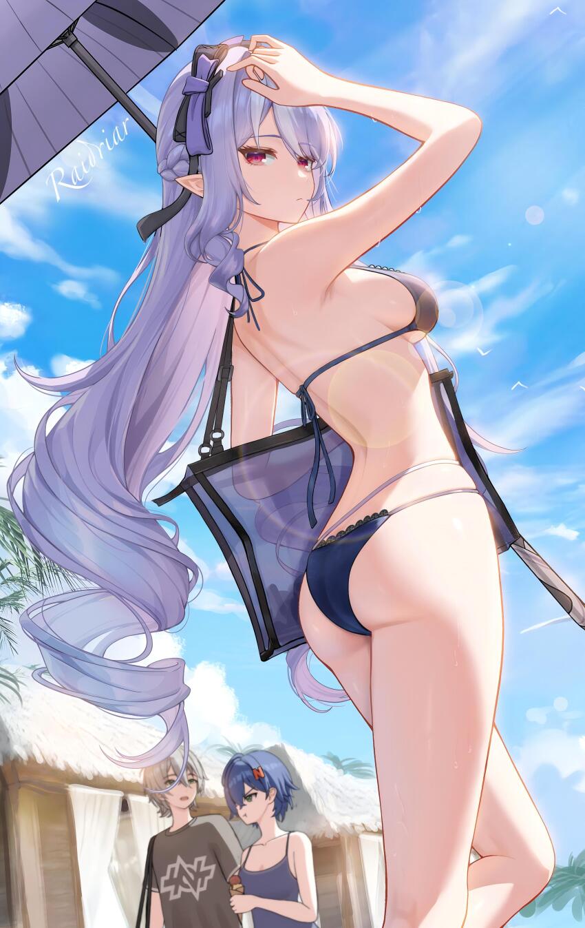 1boy 2girls absurdres arm_up ass back bare_shoulders belle_(zenless_zone_zero) bikini blue_sky braid breasts chinese_commentary closed_mouth commentary_request cowboy_shot day from_behind half_up_braid highres holding holding_umbrella large_breasts long_hair looking_at_viewer median_furrow multiple_girls outdoors pointy_ears purple_bikini purple_hair purple_umbrella raidriar_18 red_eyes sidelocks signature sky solo_focus swimsuit umbrella very_long_hair vivian_banshee wet wise_(zenless_zone_zero) zenless_zone_zero