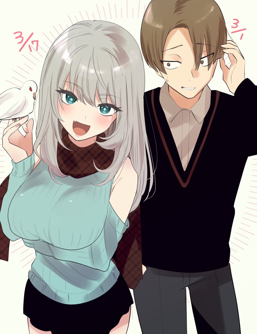1boy 1girl :d aqua_eyes arm_under_breasts assistant_(tejina_senpai) azu_(azu401) bare_shoulders bird bird_on_hand black_skirt breasts brown_eyes brown_hair brown_scarf clothing_cutout dove fang green_sweater grey_hair grey_pants highres large_breasts long_hair looking_at_viewer miniskirt official_art open_mouth pants ribbed_sweater scarf short_hair shoulder_cutout simple_background skin_fang skirt smile sweater tejina_senpai tejina_senpai_(series)
